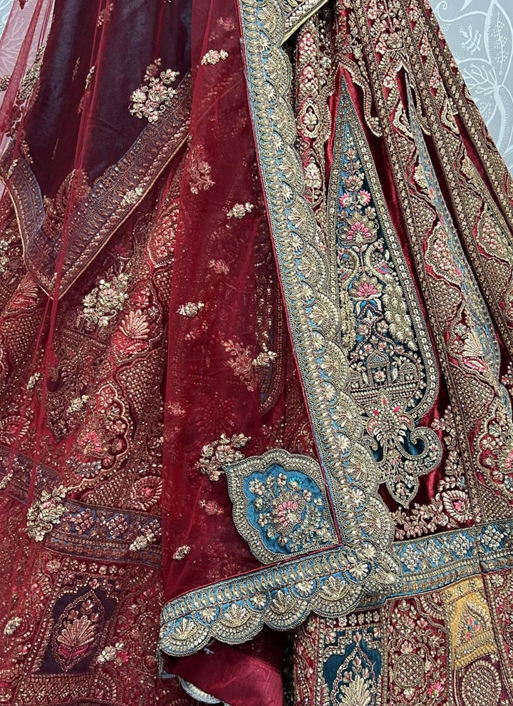 Wine Red Exquisite Velvet Wedding Lehenga Set