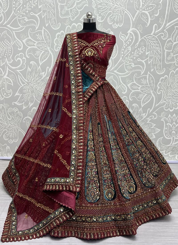 Maroon and Teal Blue Velvet Wedding Lehenga Set with Dori and Zari Work