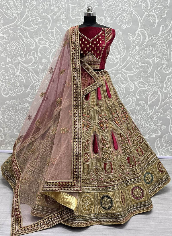 Burgundy Red Velvet Patchwork Wedding Lehenga Set with Embroidery