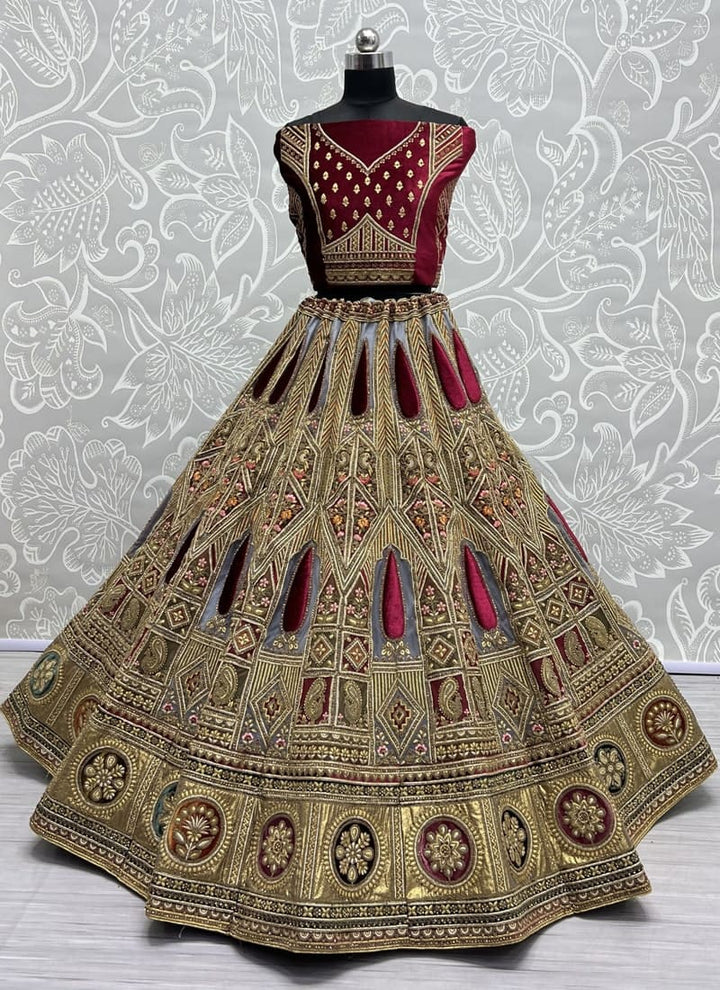 Maroon Velvet Patchwork Wedding Lehenga Set with Embroidery