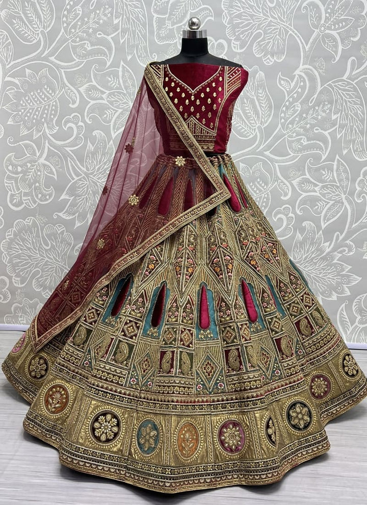 Wine Velvet Patchwork Wedding Lehenga Set with Embroidery