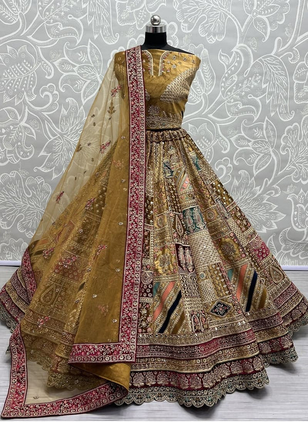 Tan Brown Velvet Wedding Lehenga Set with Intricate Embroidery