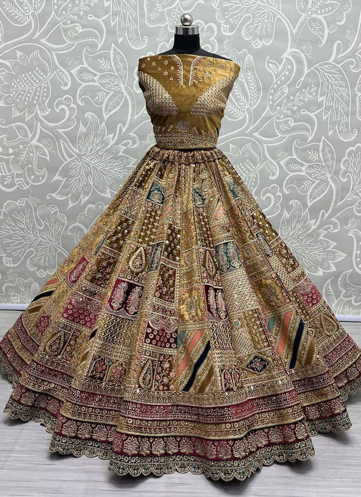 Tan Brown Velvet Wedding Lehenga Set with Intricate Embroidery