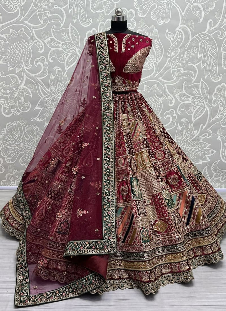 Maroon Velvet Wedding Lehenga Set with Intricate Embroidery