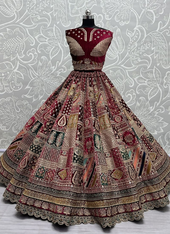 Maroon Velvet Wedding Lehenga Set with Intricate Embroidery