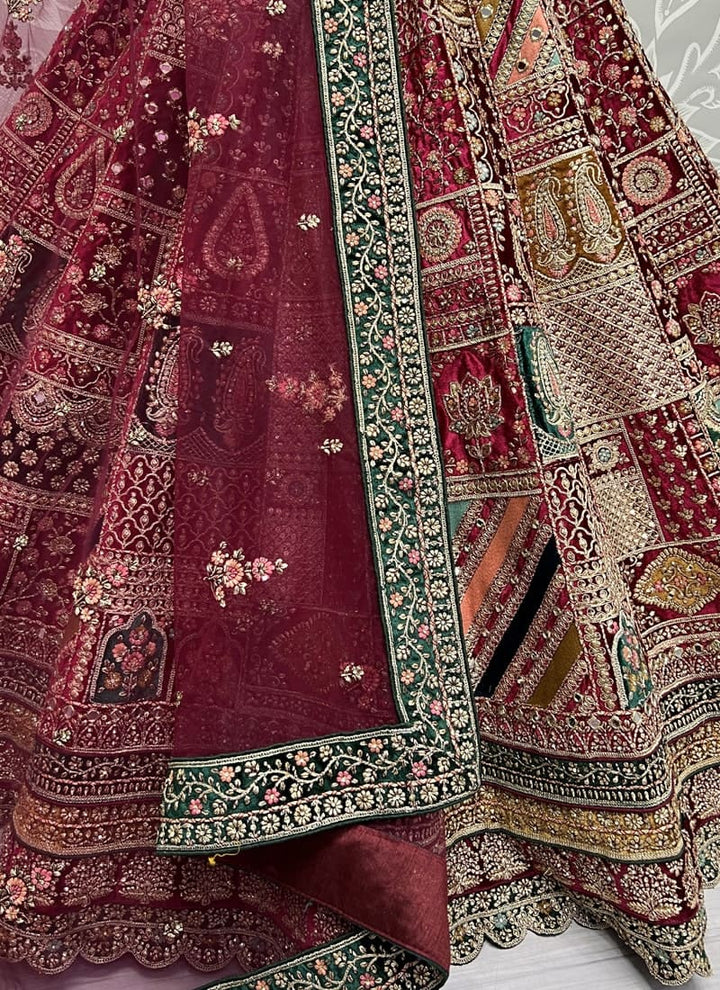 Maroon Velvet Wedding Lehenga Set with Intricate Embroidery