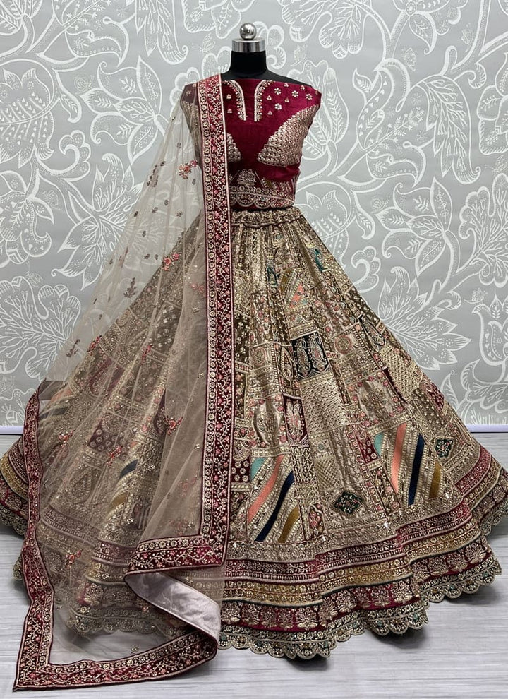 Taupe Velvet Wedding Lehenga Set with Intricate Embroidery