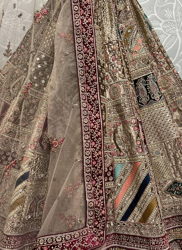 Taupe Velvet Wedding Lehenga Set with Intricate Embroidery