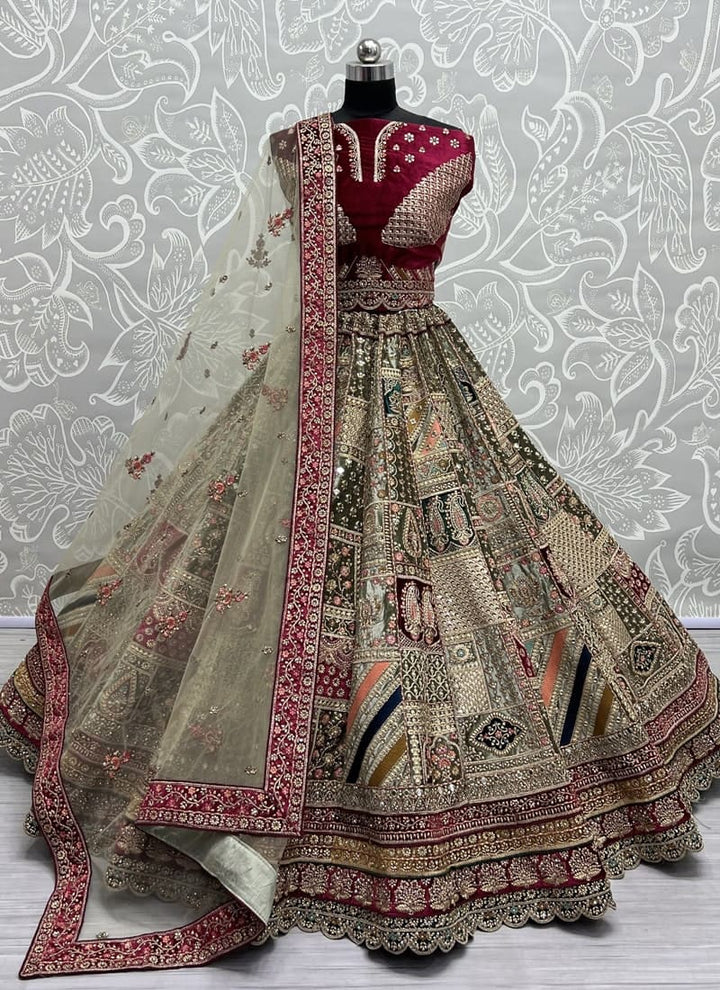 light olive Velvet Wedding Lehenga Set with Intricate Embroidery