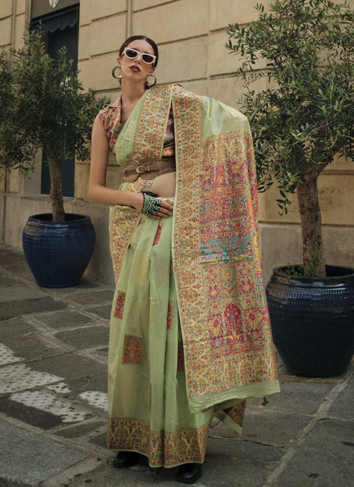 Pista Green Woven Modal Silk Saree with Matching Blouse