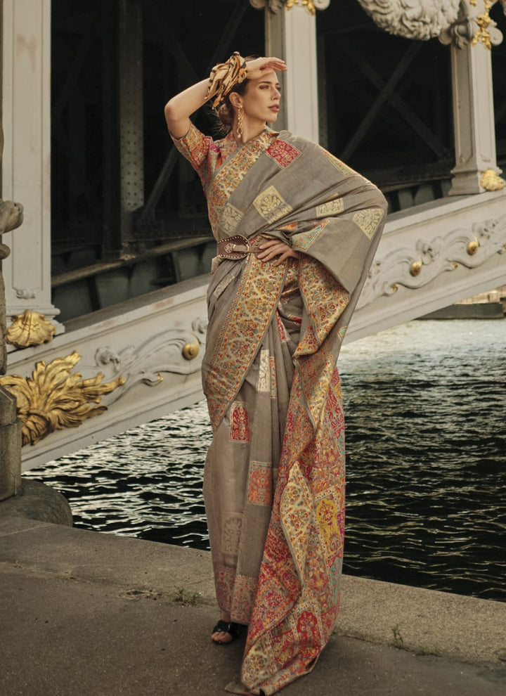 Dark Beige Woven Modal Silk Saree with Matching Blouse