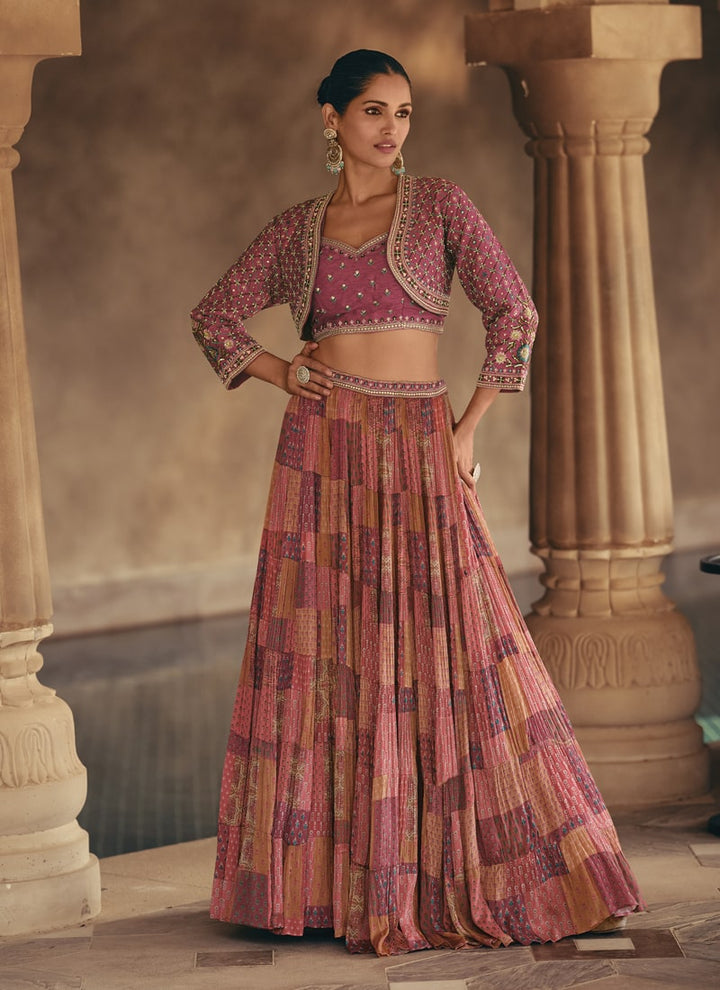 Mauve Pink Embroidered Designer Indo-Western Crop Top with Jacket and Skirt