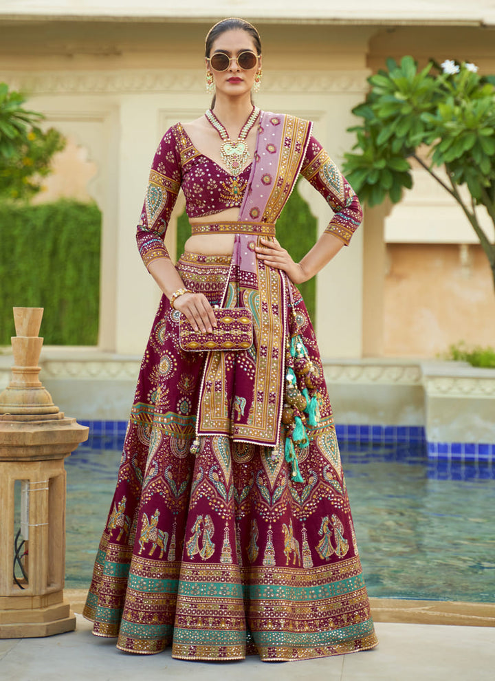 Image: Women in Ruby Pink Radiant Smooth Rajwadi Silk Lehenga Choli. This mesmerizing ensemble showcases a radiant and smooth texture, made from luxurious Rajwadi silk. The lehenga choli exudes elegance and charm, perfect for special occasions and weddings. With its exquisite craftsmanship and glamorous appeal, this outfit is sure to make the wearer stand out with sophistication and style.