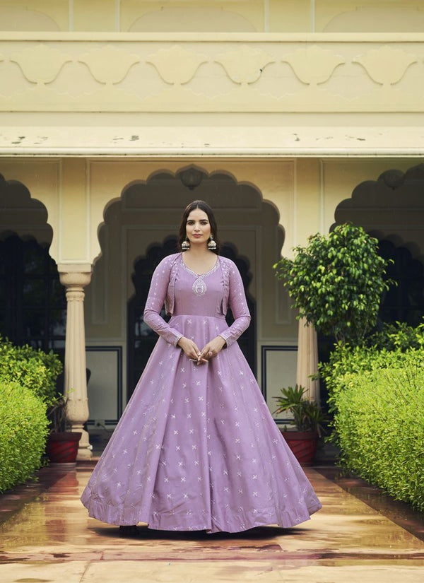 Lavender Designer Cotton Embroidered Koti Style Anarkali Gown