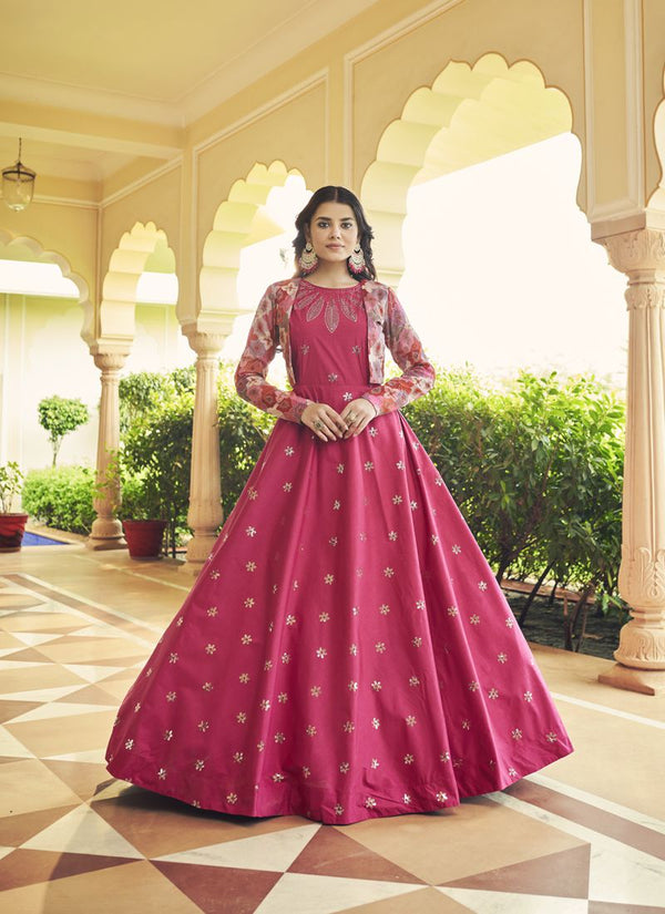 Rani Pink Designer Cotton Embroidered Koti Style Anarkali Gown