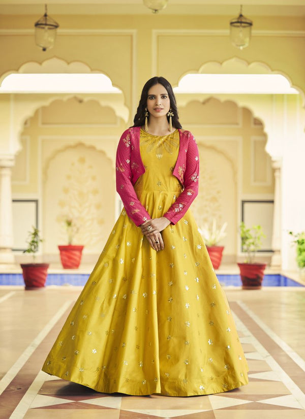 Canary Yellow Designer Cotton Embroidered Koti Style Anarkali Gown