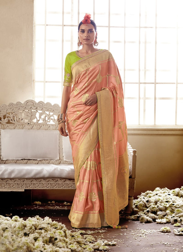 Peach Color Banarasi Weaving Pure Dola Silk Saree