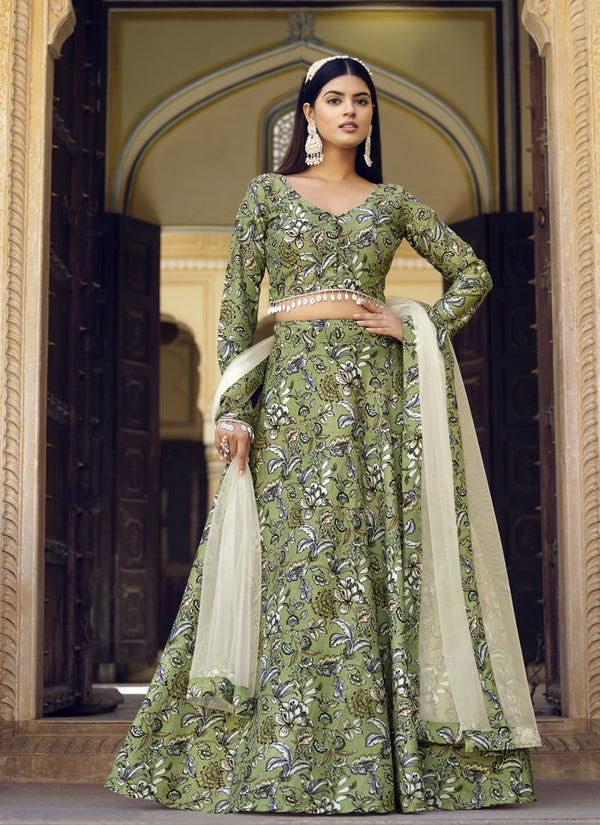 lassya Fashion olivine Green Floral Print Lehenga Choli Ensemble in Finest Crushed Silk