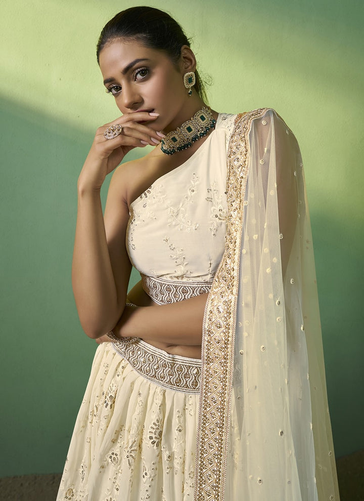 lassya Fashion Cream Designer Lehenga Choli with Embroidery and Sequin Work