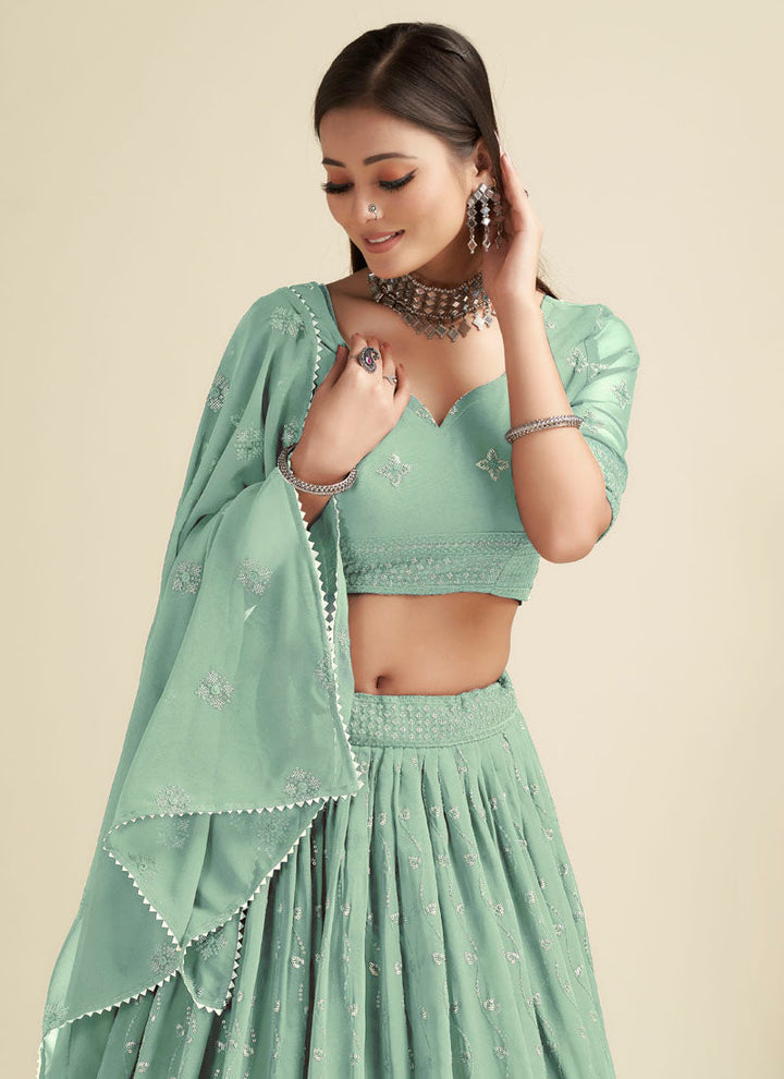 lassya Fashion Sea Green Elegant Georgette Lehenga Choli with Multi Sequence Embroidery