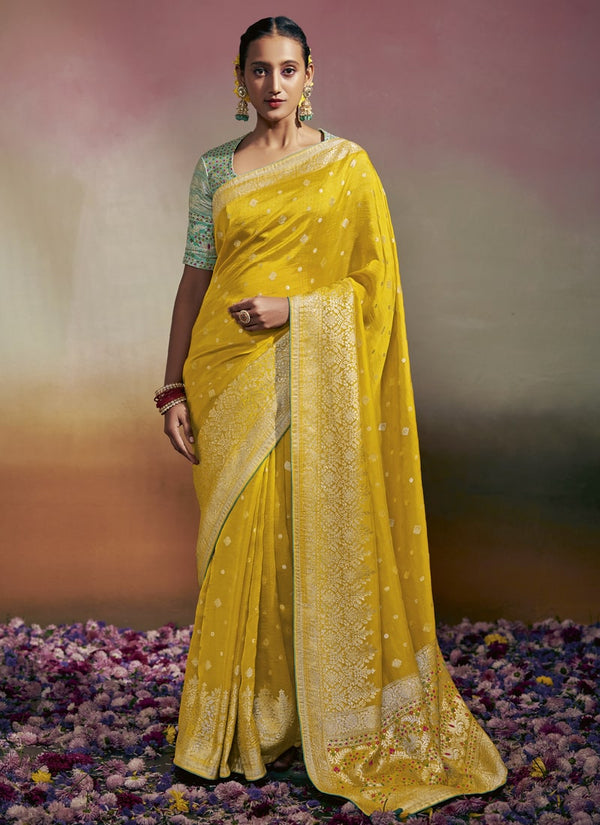 Lassya Fashion Sunflower Yellow Exquisite Wedding Sarees in Pure Viscose Dola Silk