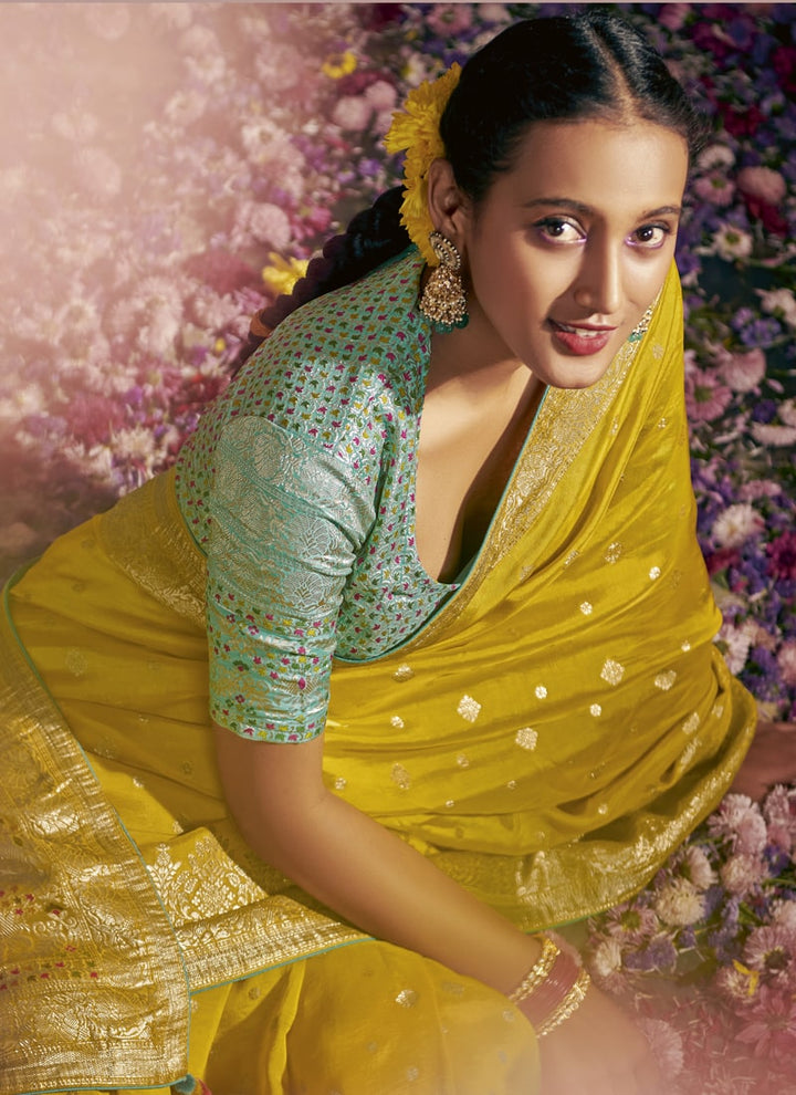 Lassya Fashion Sunflower Yellow Exquisite Wedding Sarees in Pure Viscose Dola Silk