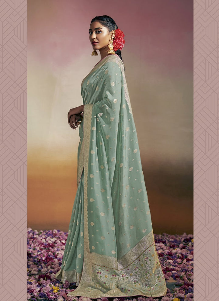 Lassya Fashion Dusty green Exquisite Wedding Sarees in Pure Viscose Dola Silk