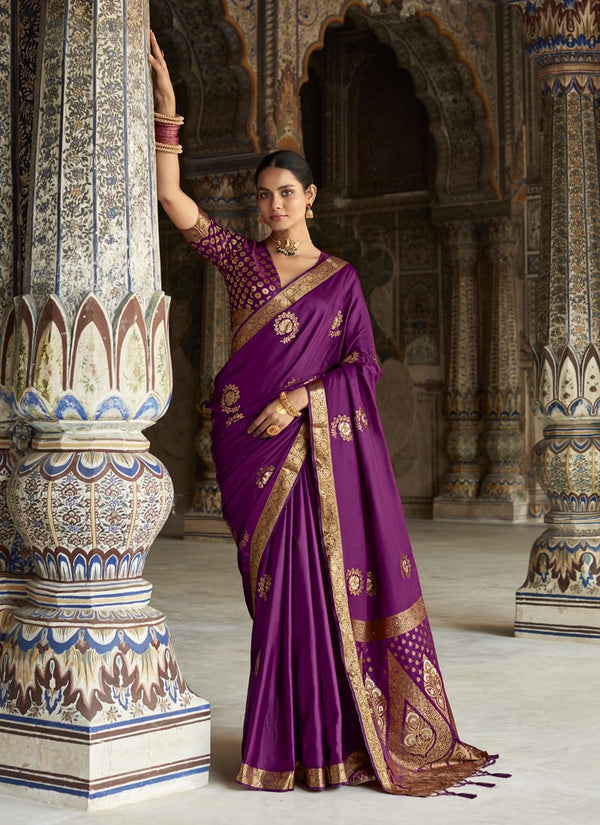 Lassya Fashion Purple Chic Satin Silk Saree with Matching Blouse