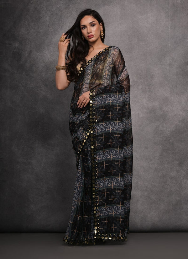 Lassya Fashion Black Trending Soft Georgette Saree with Matching Georgette Blouse
