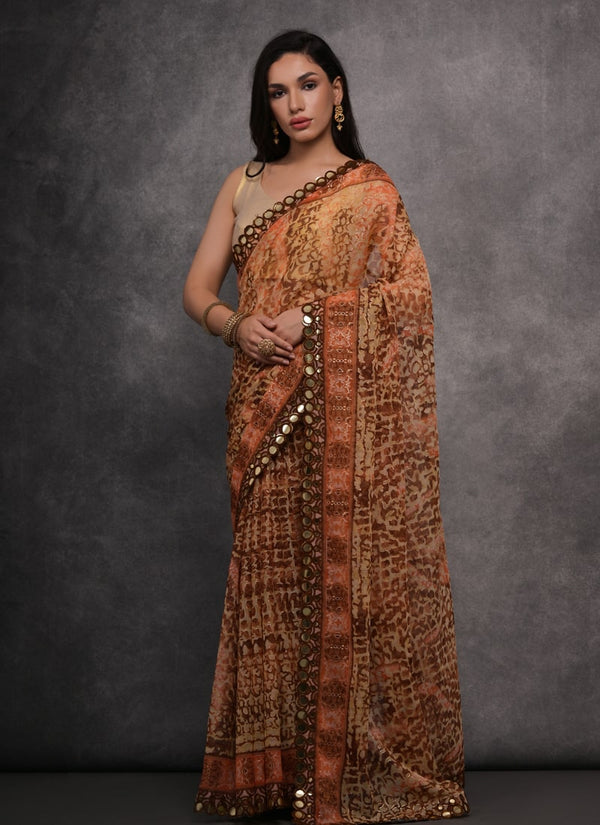 Lassya Fashion Coral Brown Trending Soft Georgette Saree with Matching Georgette Blouse