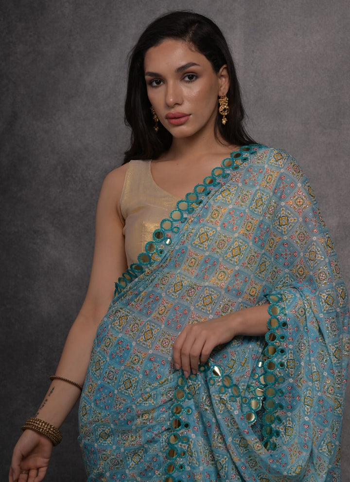 Lassya Fashion Livid Blue Contemporary Soft Georgette Saree Paired with Georgette Blouse