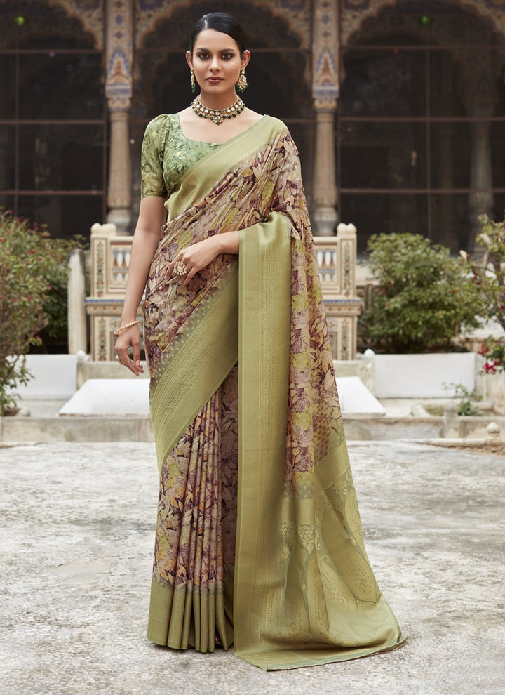 Lassya Fashion Moss Green Elegant Crepe Silk Saree with Matching Blouse
