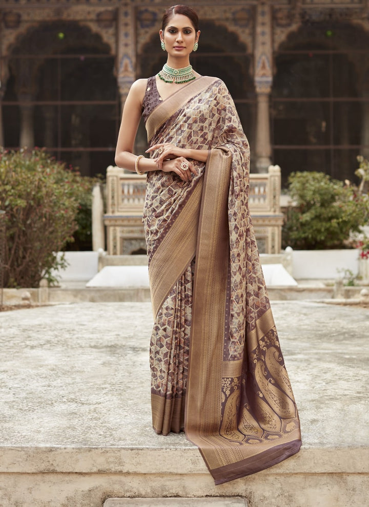 Lassya Fashion Dark Chestnut Elegant Crepe Silk Saree with Matching Blouse