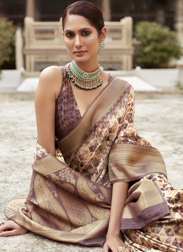 Lassya Fashion Dark Chestnut Elegant Crepe Silk Saree with Matching Blouse