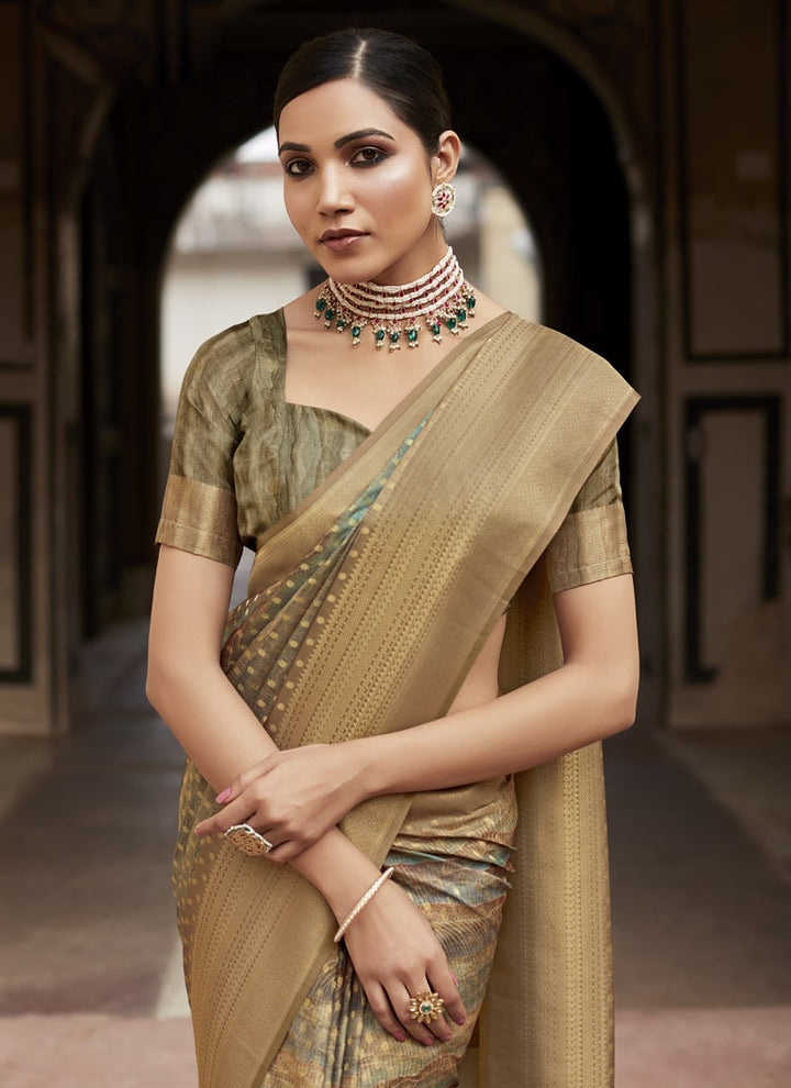 Lassya Fashion Camel Bron Elegant Crepe Silk Saree with Matching Blouse