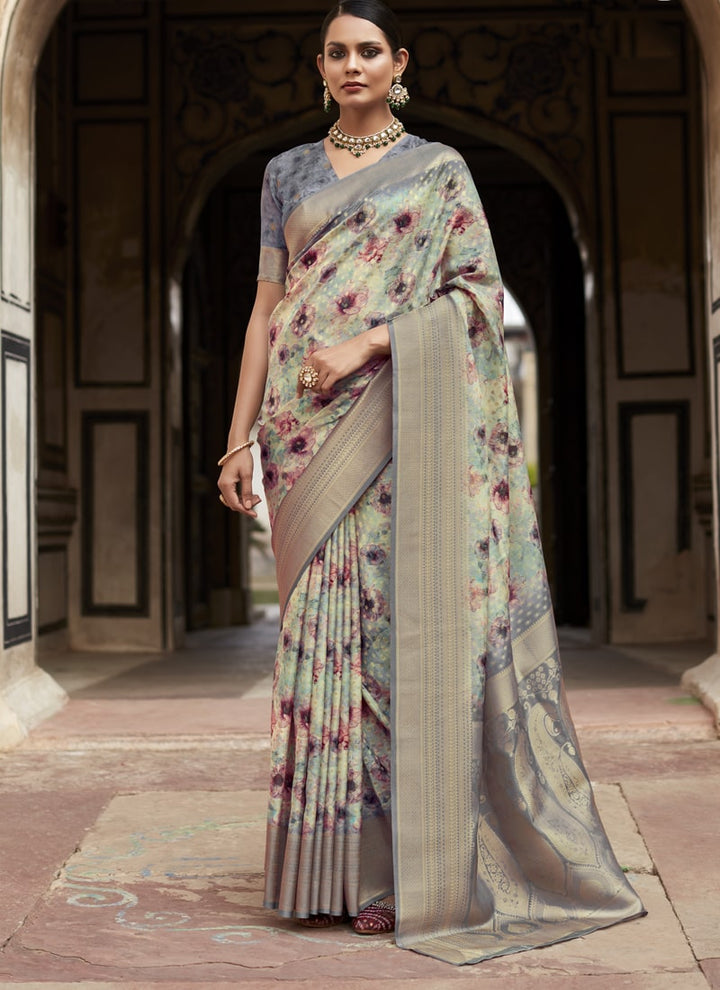 Lassya Fashion Flint grey Elegant Crepe Silk Saree with Matching Blouse