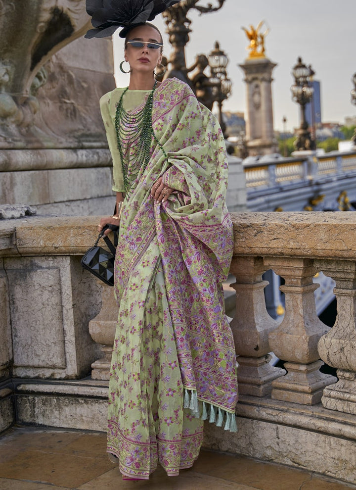 Lassya Fashion Pista Green Graceful Handloom Organza Saree with Matching Blouse
