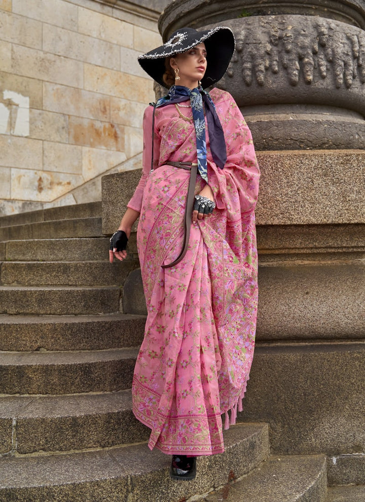 Lassya Fashion Rose Pink Graceful Handloom Organza Saree with Matching Blouse