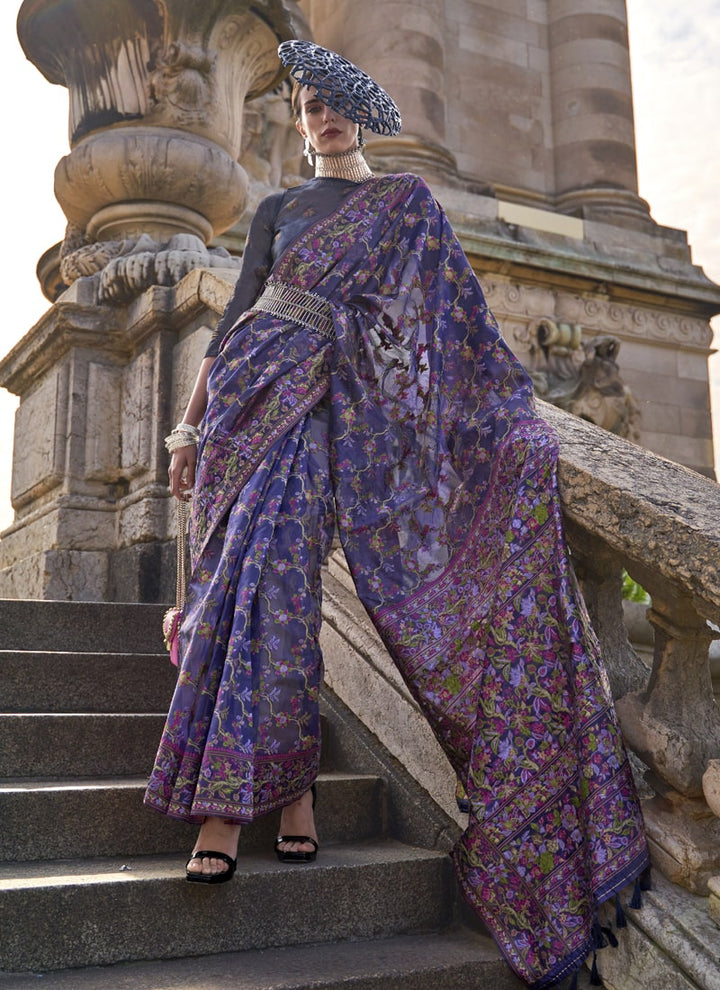 Lassya Fashion Berry Blue Timeless Elegance in Handloom Organza Saree