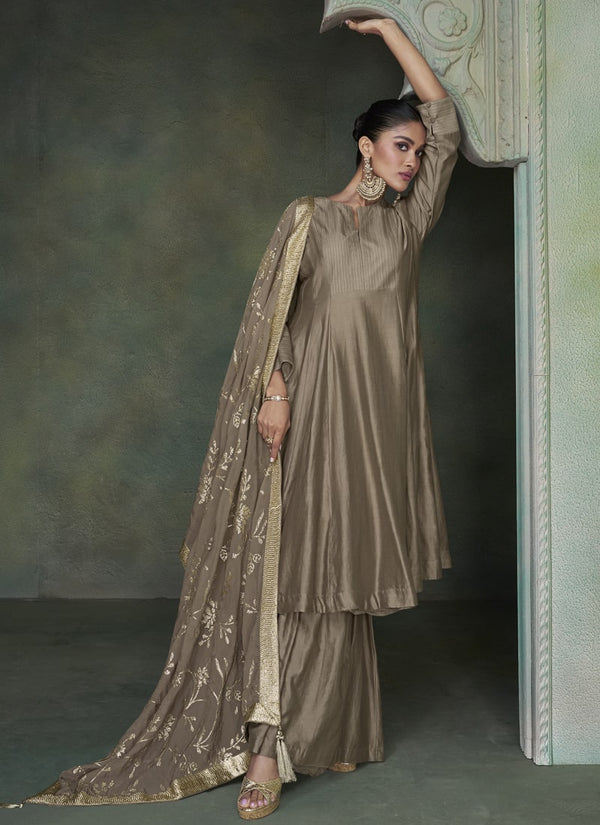 Lassya Fashion Sage Brown Elegant Wedding Wear Gown in Pure Silk with Organza Dupatta