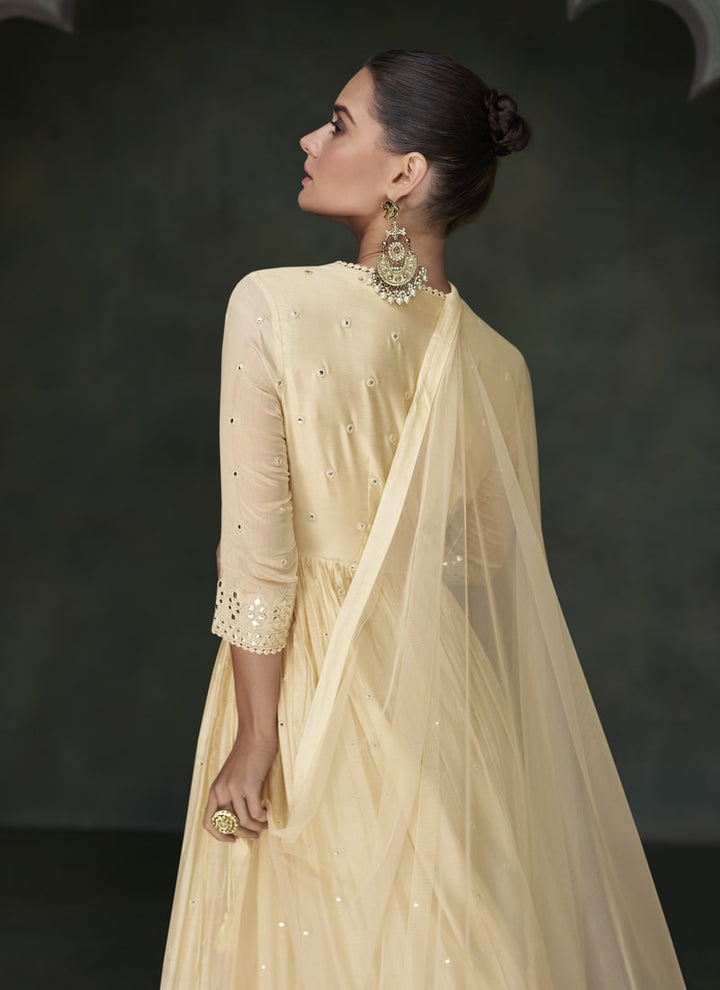 Lassya Fashion Cream Elegant Wedding Wear Gown in Pure Silk with Net Dupatta