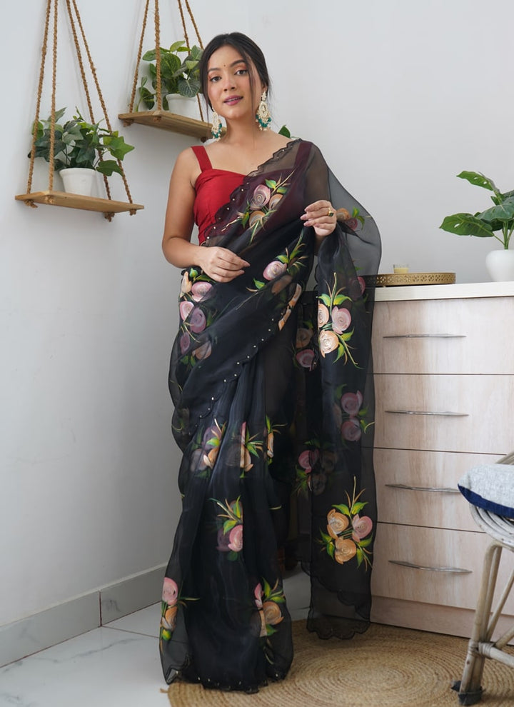 Lassya Fashion Black Elegant Floral Printed Organza Saree with Satin Banglori Blouse