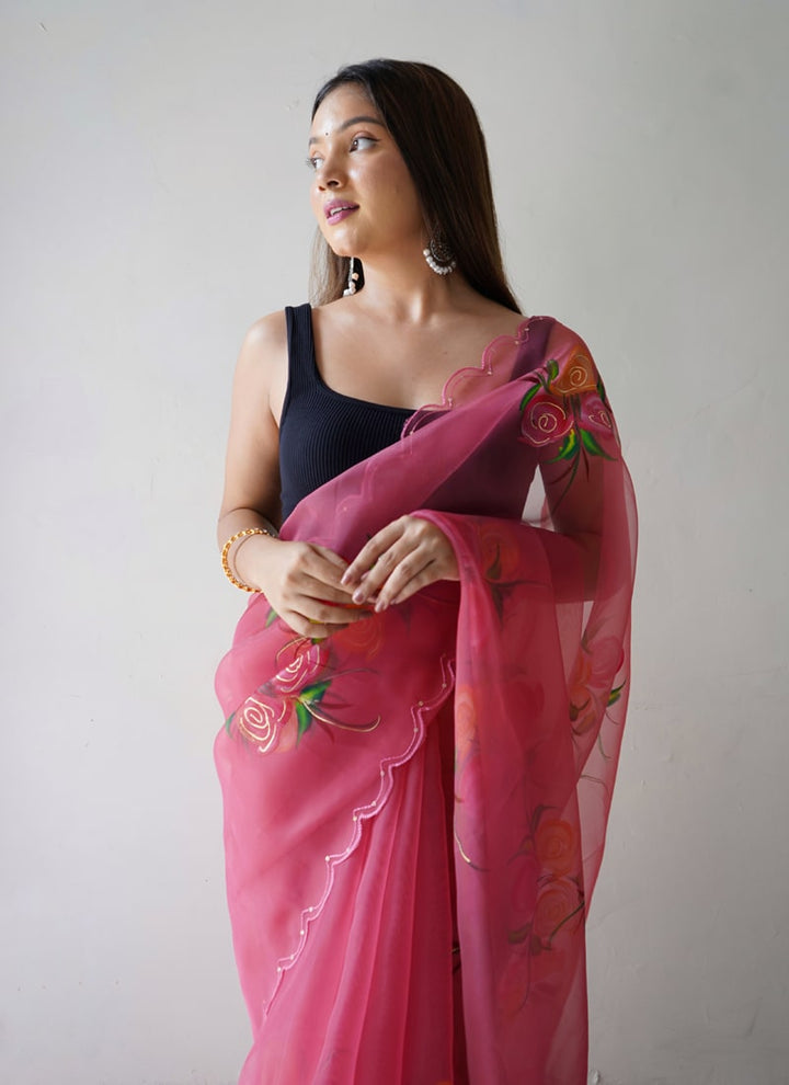 Lassya Fashion Pink Elegant Floral Printed Organza Saree with Satin Banglori Blouse