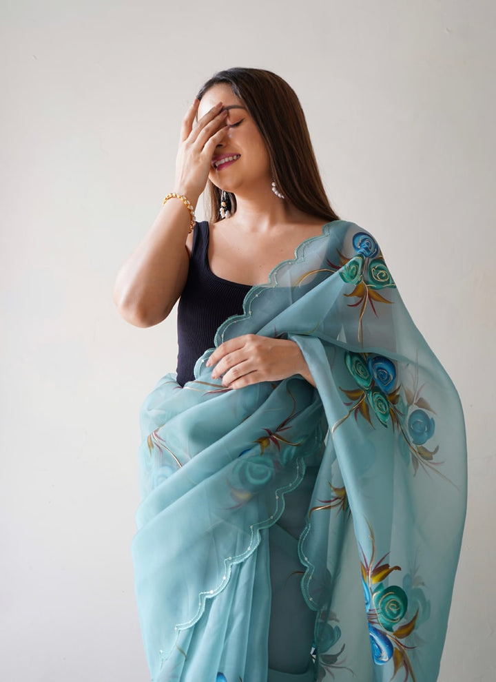 Lassya Fashion Sky Blue Elegant Floral Printed Organza Saree with Satin Banglori Blouse