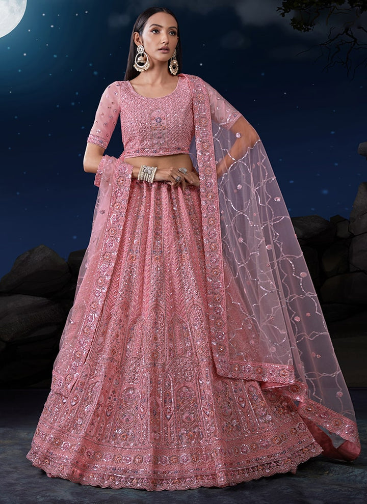 Lassya Fashion Parrot Pink Exquisite Wedding Soft Net Lehenga Ensemble