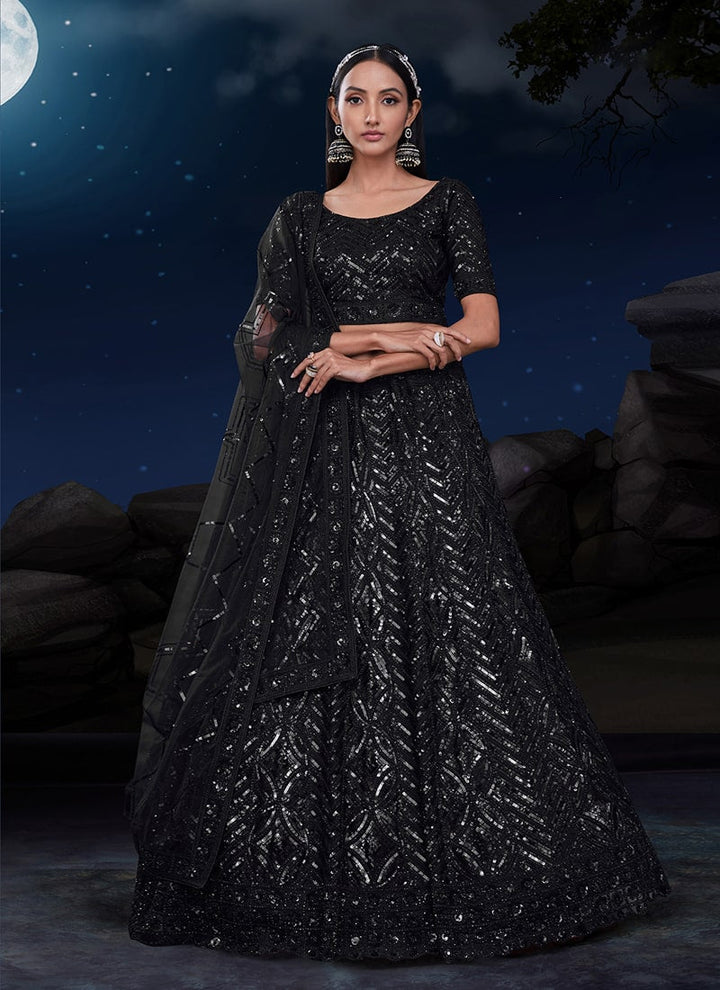 Lassya Fashion Midnight Black Exquisite Wedding Soft Net Lehenga Ensemble