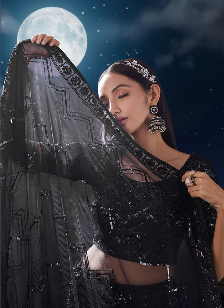 Lassya Fashion Midnight Black Exquisite Wedding Soft Net Lehenga Ensemble