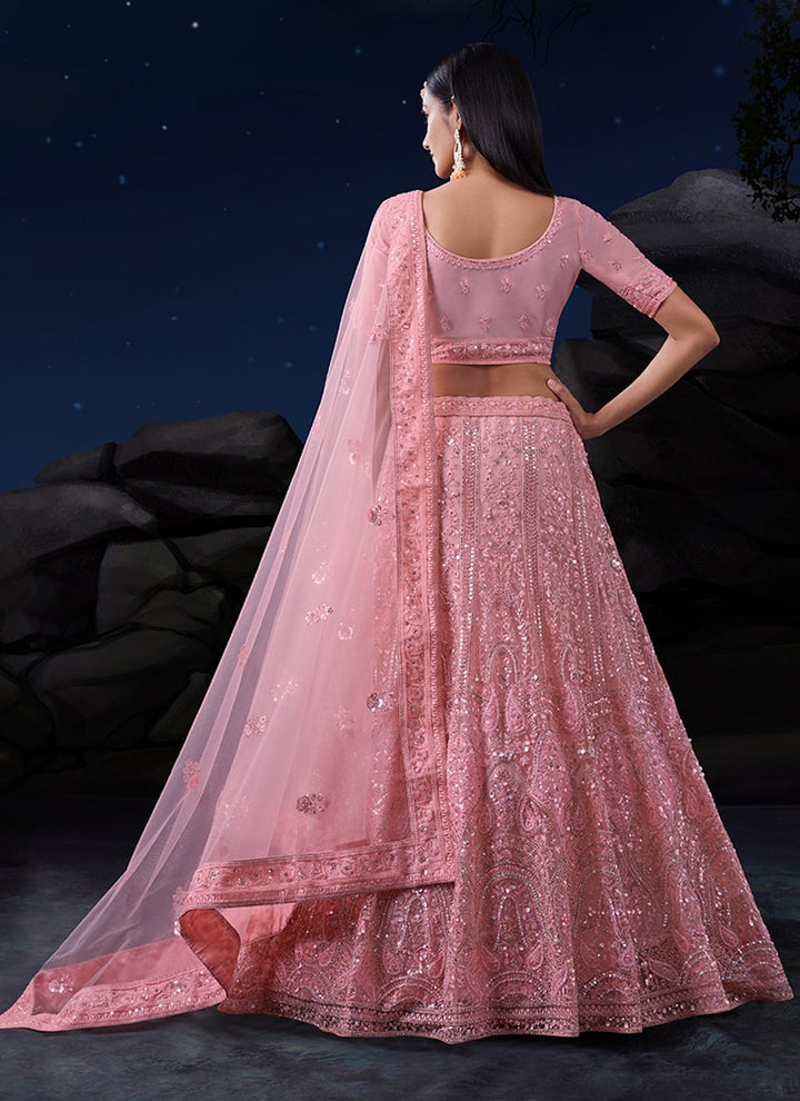 Lassya Fashion Pastel Pink Exquisite Wedding Soft Net Lehenga Ensemble