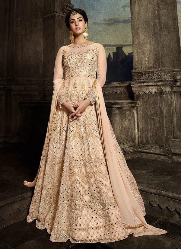 Peach Exquisite Embroidered Net Salwar Kameez for Ceremonial Occasions
