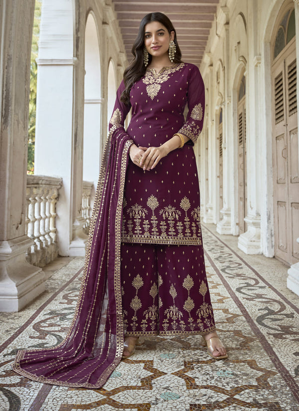 Red Wine Party Wear Embroidered Pakistani Style Suit
